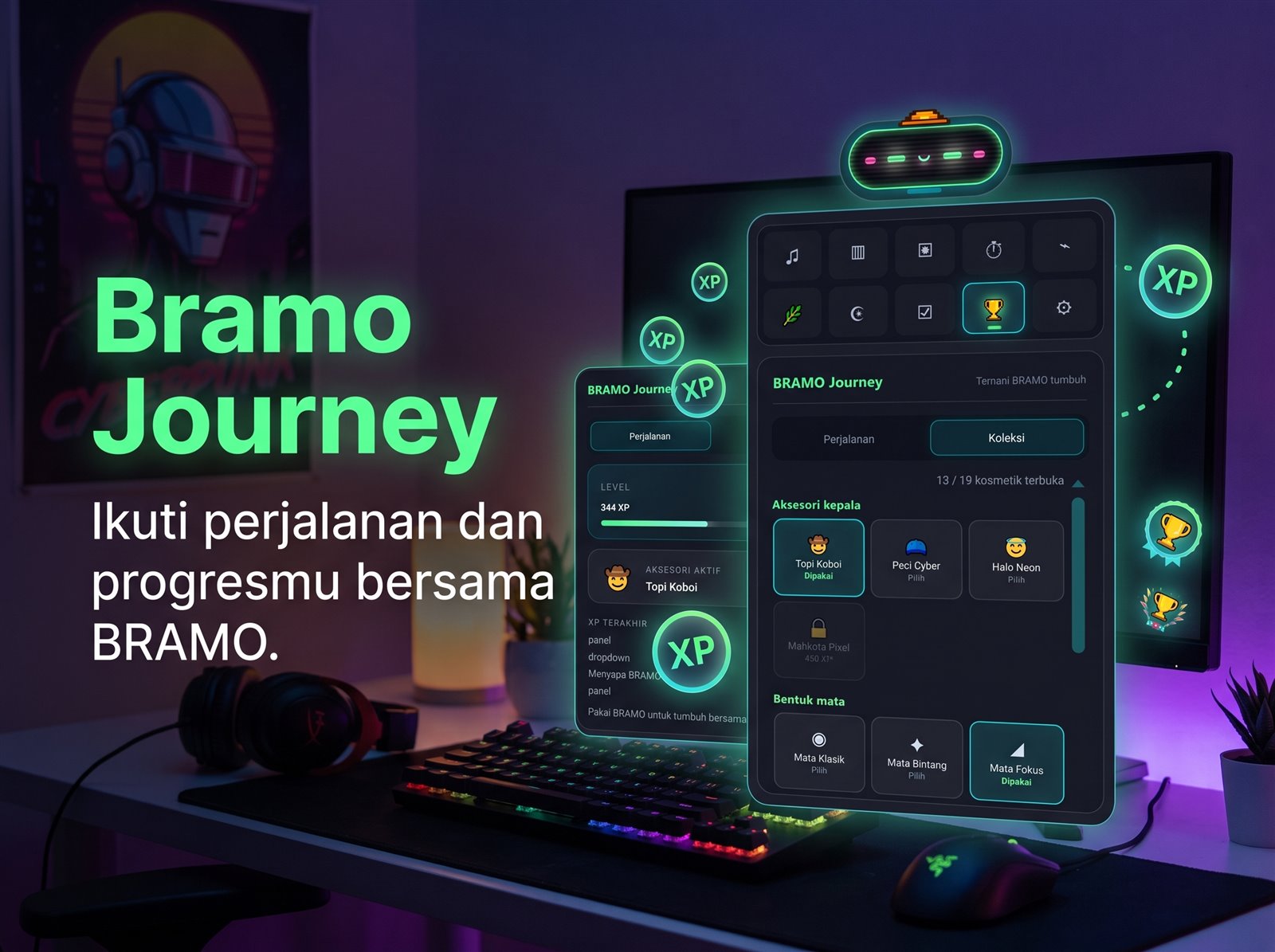 Tampilan BRAMO Journey, XP, level, dan koleksi aksesori