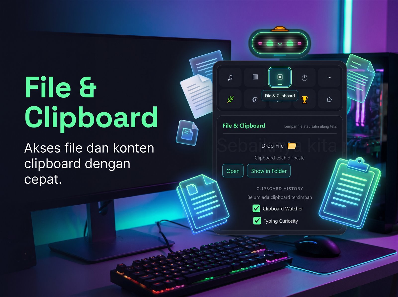 Tampilan fitur file drop dan riwayat clipboard BRAMO