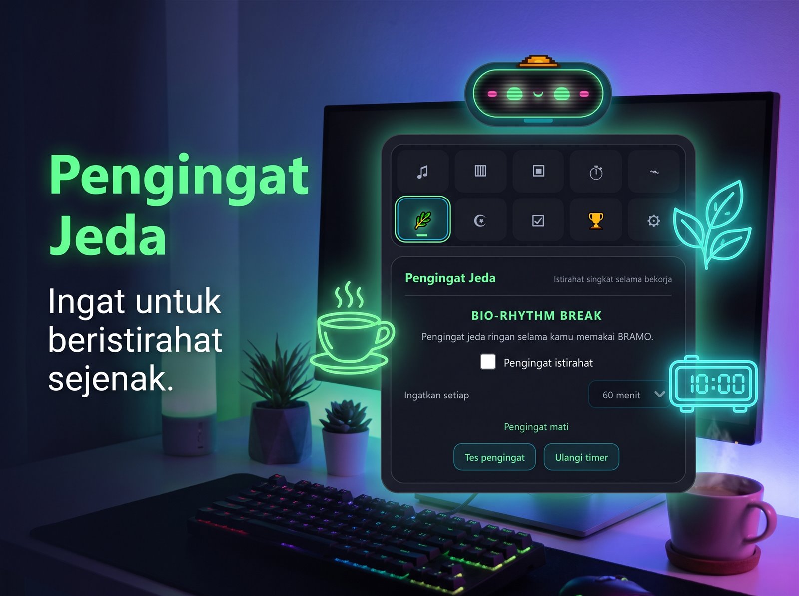 Tampilan pengingat jeda bio-rhythm BRAMO