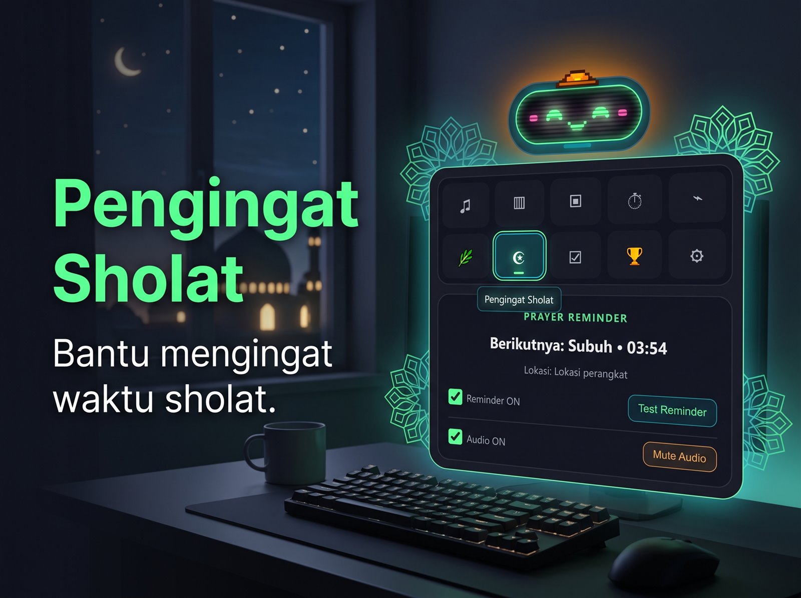 Tampilan jadwal dan pengingat sholat BRAMO