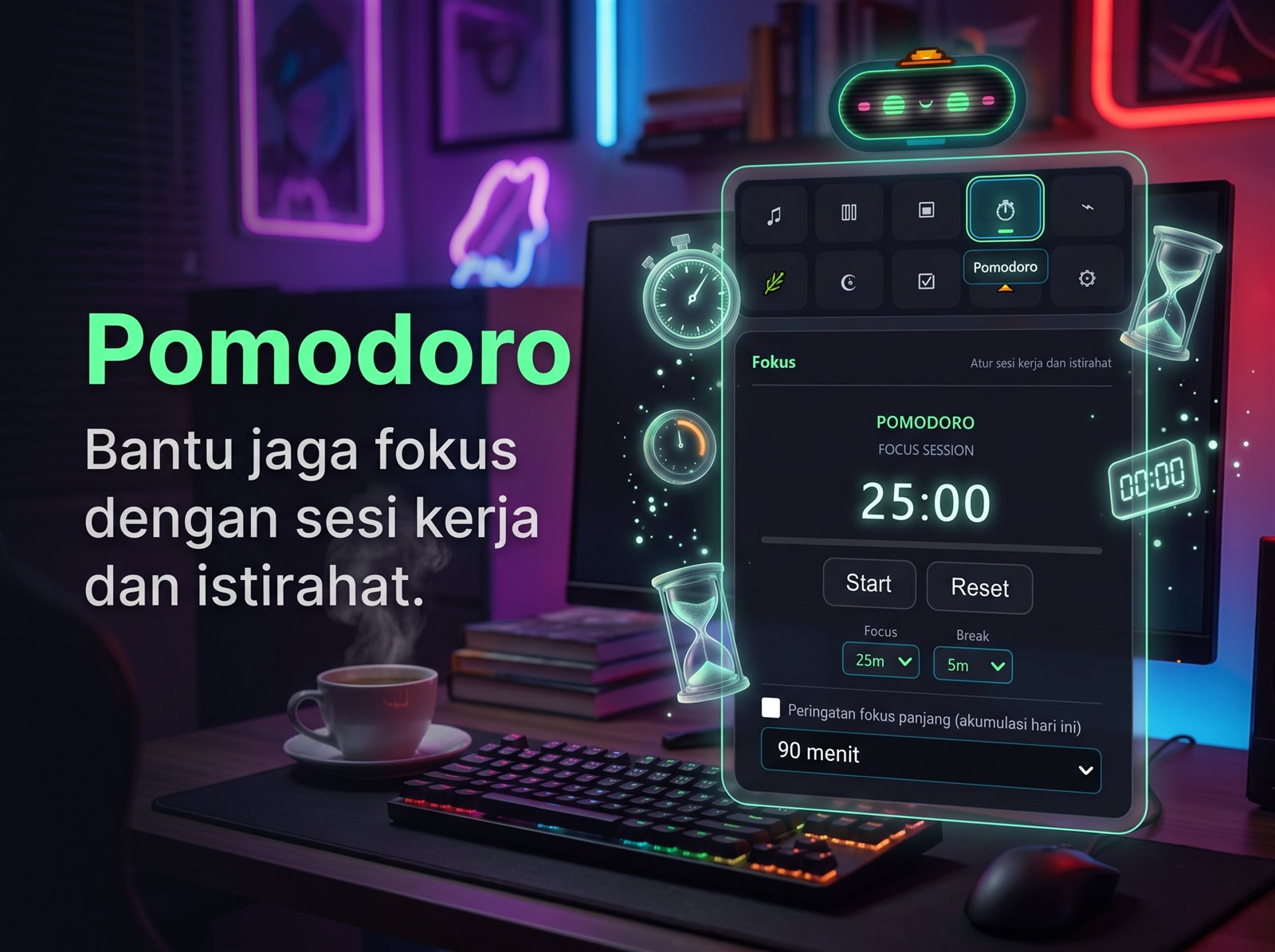 Tampilan fitur Pomodoro BRAMO dengan timer fokus dan istirahat