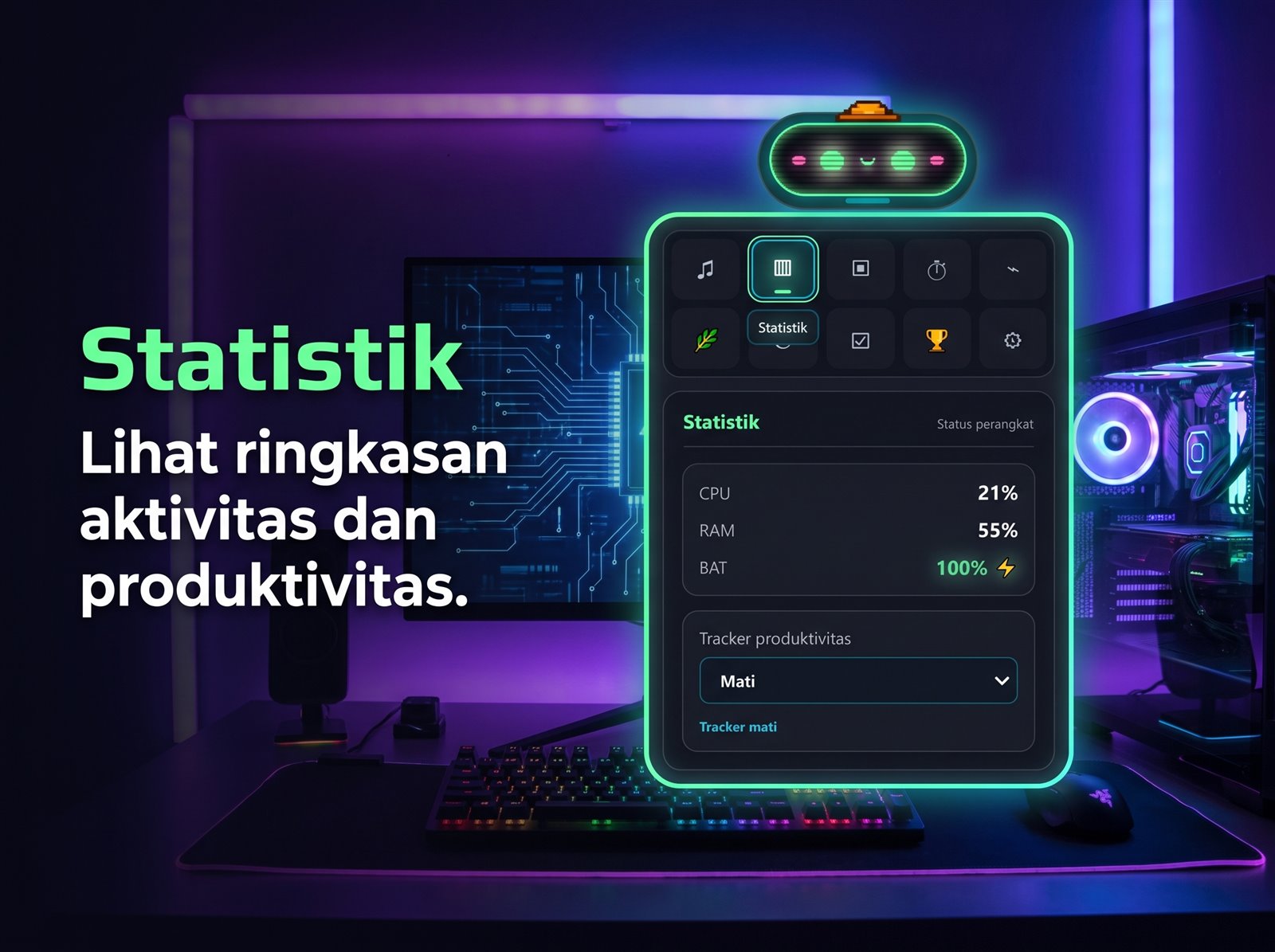 Tampilan statistik CPU, RAM, baterai, dan tracker BRAMO